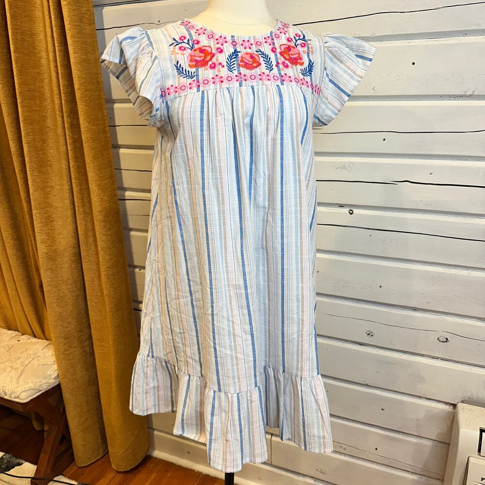 August Sky Floral Embroidered Striped Mini Dress